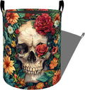 Skull Hidden Among Vibrant Floral Laundry Basket with Handles, 19.7"x15.7" Clothes Foldable Laundry Hamper Organizer for Dorm Nursery Bedroom Bathroom Decor, Toy Storage Bin for Kids