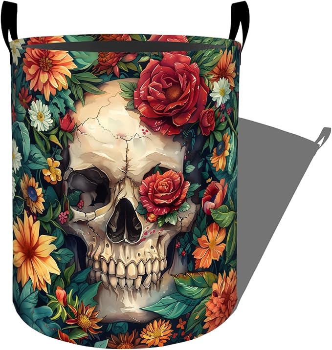 Skull Hidden Among Vibrant Floral Laundry Basket with Handles, 19.7"x15.7" Clothes Foldable Laundry Hamper Organizer for Dorm Nursery Bedroom Bathroom Decor, Toy Storage Bin for Kids