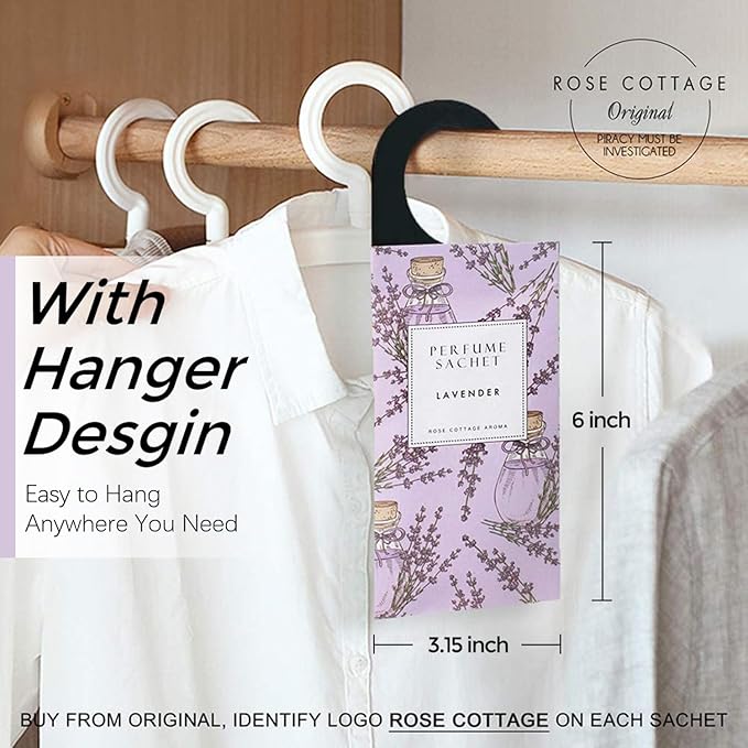 ROSE COTTAGE Large 12 Packs Lavender Hanging Closet Deodorizer Air Freshener Long Lasting Scented Sachets Smell Goods for House
