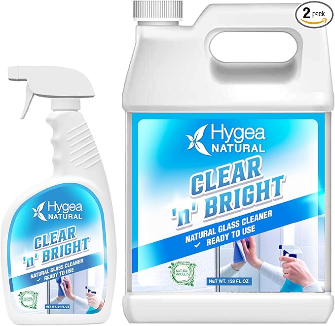 Hygea Natural Clear 'n' Bright - Glass Cleaner Spray - Streak-Free & Ammonia-Free Window Cleaning - Window & Mirror Cleaning Supplies - Safe & Fast with Natural Ingredients (1 Gallon & 24oz Spray)