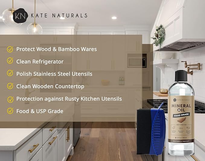 Kate Naturals Mineral Oil for Cutting Board 12oz with Wax Applicator. Food Grade & Food Safe Mineral Oil to Protect Wood on Cutting Boards, Butcher Block & Bamboo Boards