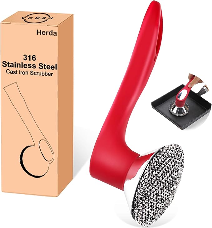 Cast Iron Cleaner Scrubber with Long Handle - Welded Fine Chain Mail Cast Iron Grill Scrubber Brush-Chainmail Sponge Scrub Cleaning Tool to Clean Skillets, Pan,Griddle, Wok, Dutch Oven