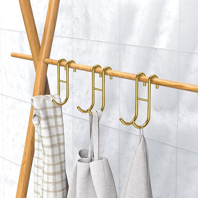 Shower Door Hooks, 3 Pack Over Shower Glass Door Hook, Plated Gold, 304 Stainless Steel Rack Hooks, Frameless Bathroom Hanger Drilling-Free, Glue-Free Towel Hooks, for 0.47inch(12mm) Thickness Glass