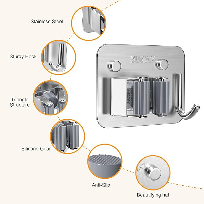 4 Pack Stainless Steel Mop and Broom Holder Wall Mount with Hook, Screw Drilling Mop and Broom Hanger, Single Heavy Duty Storage Rack for Laundry Garage Closet Garden Tool Organizer, Silver