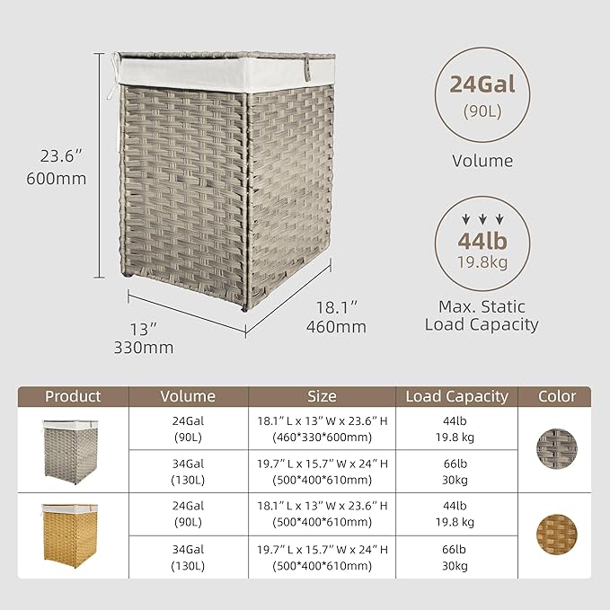 Woven Laundry Hamper with Lid,24Gal (90 L) Rattan Wicker Laundry Basket 2 Sections with Lid, Removable Machine Washable Line, Large Clothes Hamper with Handles for Bathroom Bedroom, Gray