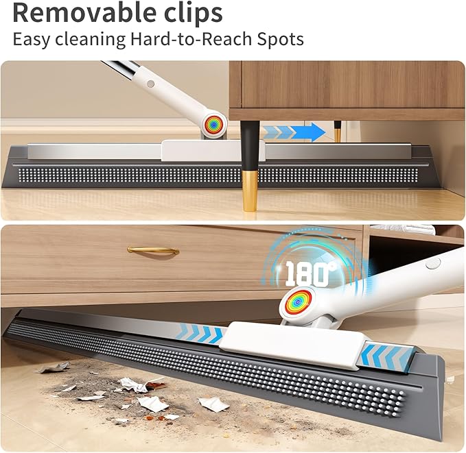 Floor Squeegee with 180° Rotating Head & 63" Long Handle, Rubber Silicone Magic Broom for Floor Cleaning, Squeegee Broom for Pet Hair, Bathroom Tile, Garage Concrete, Deck, Shower Glass