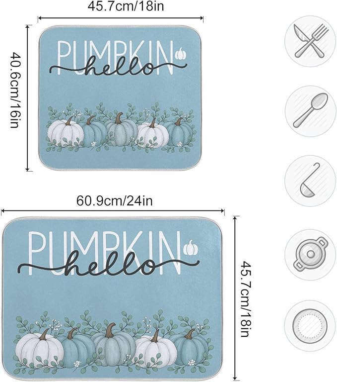 Fall Pumpkin Aqua Blue Dish Drying Mat for Kitchen Countertop 18x24 Eucalyptus Leaves Turquoise Autumn Large Drying Mat Reusable Quick Dry Dish Sink Mats Easy Clean Decorative Essentials
