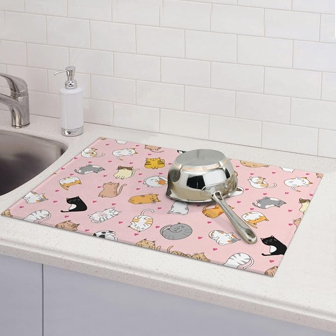 Cute Cat Dish Drying Mat for Kitchen Counter Cute Pink Kitchen Mat Microfiber Kitchen Countertop Absorbent Reversible Drainer Rack Pad Dish Drying Mat 18 x 24 Inch