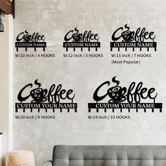 Personalized Custom Name Coffee Bar Wall Keys Hooks,Metal Coffee Shop Art Clothes Hooks,Metal Coffee Lover Wall Home Storage Decorative,For Front Door, Hallway, Kitchen, Bedroom,Keys,Hats (Style J)