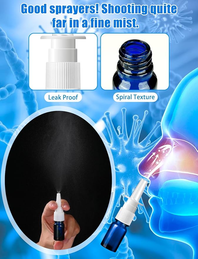 ZHWKMYP 10 Pcs Nasal Spray Bottle, 5ML/0.17OZ 6 Pcs Blue Fine Mist Glass Empty Refillable Nasal Spray Bottle with 2 Funnels and 2 Labels
