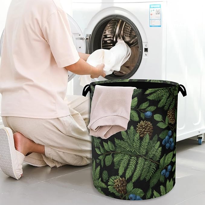 Ferns Blueberry Laundry Basket,Nuts Foldable with Handles Tote Bag Oxford Cloth for Bathroom Bedroom Dirty Clothes Storage Bucket 16" x 20.8"