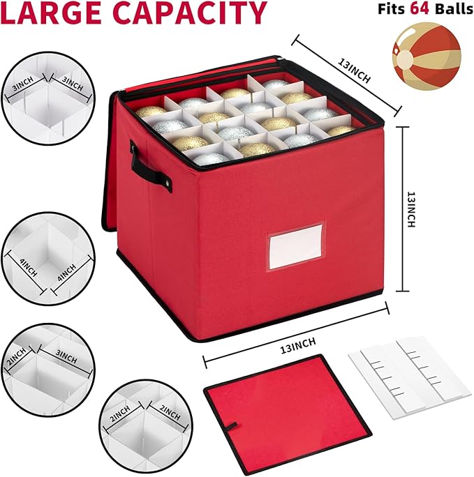 Christmas Ornament Storage Box With Adjustable Dividers,Ornament Storage Container With 4 Removable Trays for 64 Holiday Decorations,Red