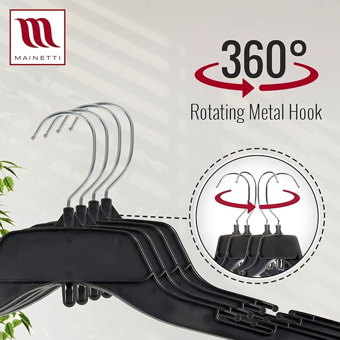 Mainetti 484 Recycled Black Plastic Hangers - 100 Pack with Rotating Metal Hook and Notches for Straps, Great for Shirts/Tops/Dresses, 17-Inch