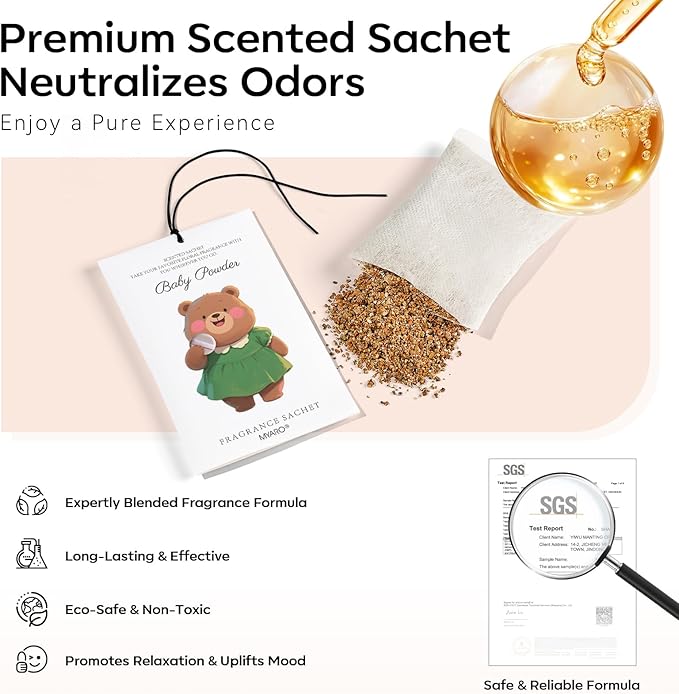 MYARO 12 Packs Baby Powder Scent Sachets Room Air Freshener for Closet Drawer Clothes Storage Small Space Odor Eliminator