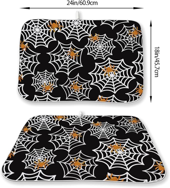 Halloween Dish Drying Mat 18 x 24 Inch Spider Web Drying Mat for Kitchen Counter Absorbent Spiders Black Dishes Dry Pad for Drainer Rack Kitchen Fast Dry