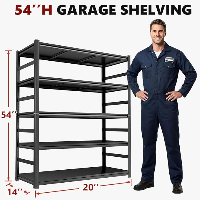 Notmise Garage Shelving, Ultra-Duty 5-Tier Steel Unit, 3000Lbs, Black Adjustable Organizer for Basement Warehouse(54" H x20 W x 14" D)