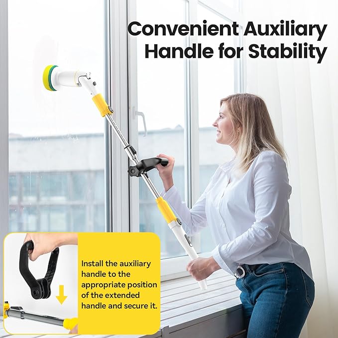 StarVal Electric Spin Scrubber, Cordless Cleaning Brush Shower Scrubber Up to 550 RPM with 9 Replaceable Brush Heads, Bathroom Scrubber Adjustable Extension Handle for Bathroom Kitchen Car (Yellow)