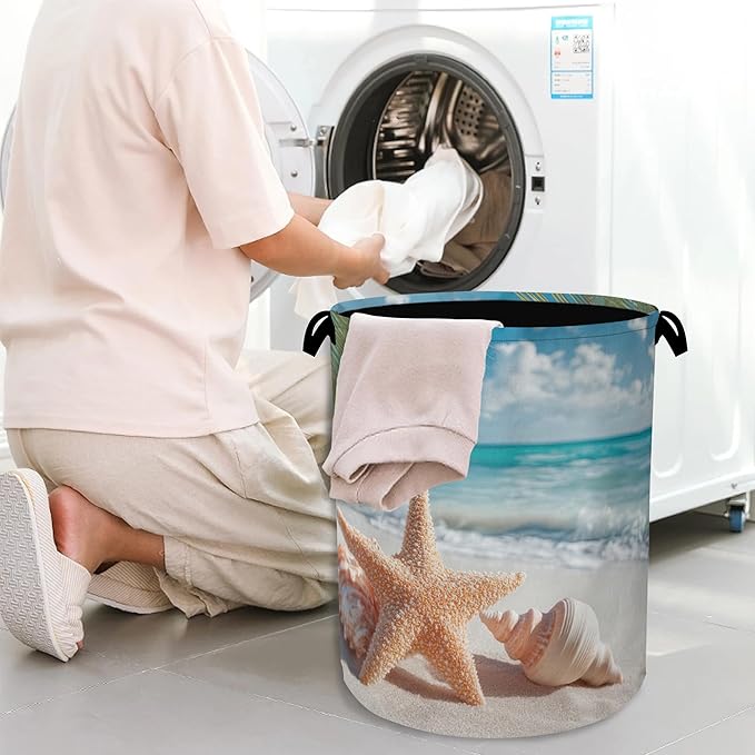 Starfish Shells Laundry Basket,Beach Oxford Cloth Laundry Hamper with Handle Foldable Portable Clothes Storage Basket for Bathroom Bedroom Dorm Room 16" x 20.8"