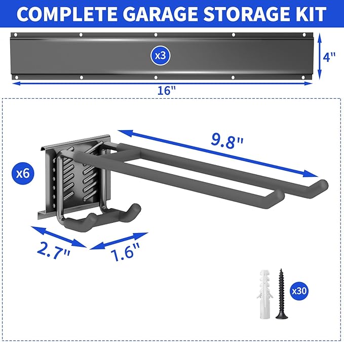 CRXCRC Garage Tool Organizer Wall Mount, 48inch Heavy Duty Garden Tool organizer Storage System, Easy Install With 6 Adjustable Bilayer Hooks, For Garage, Basement, Shed, Workshop(Black)