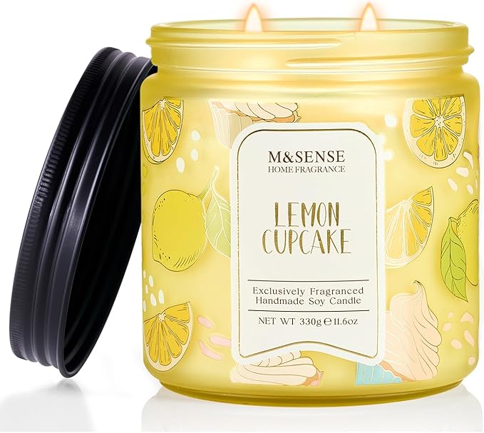 M&SENSE Lemon Vanilla Cupcake Scented Candle, 11.6oz Natural Soy Wax, 70 Hours Long Lasting Clean Burn, Citrus Vanilla Scents for Kitchen Freshness, Candle Gifts for Women Men, Warm Home Decor