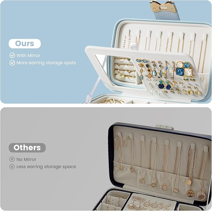Lolalet 2 Layer Jewelry Box for Teen Girls & Young Women, Jewelry Organizer Case with Bow Clasp and Mirror for Earrings Rings Necklaces Storage, Gift Idea -Blue