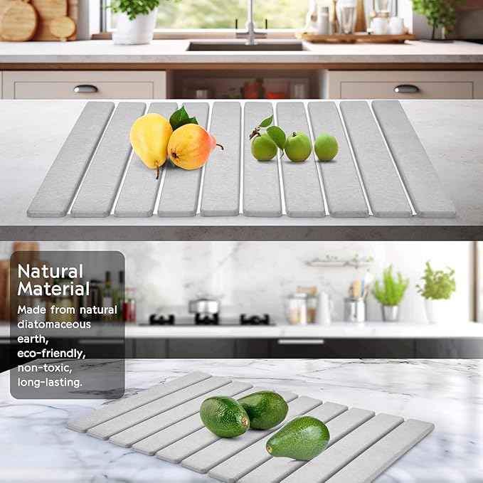 Stone Drying Mat for Kitchen Counter, Stone Dish Drying Mat Foldable, Super Absorbent Diatomaceous Earth Quick-drying Draining Mat for any Kitchen Countertop (Medium Gray B, 23.6”x15.4”)