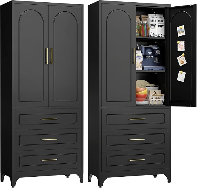 Pantry Kitchen Cabinet with Drawer, 75" Tall Pantry Storage Cabinet, Metal Storage Cabinets with Doors and Shelves, Large Freestanding Cupboard for Dining Room, Assembly Required, Black