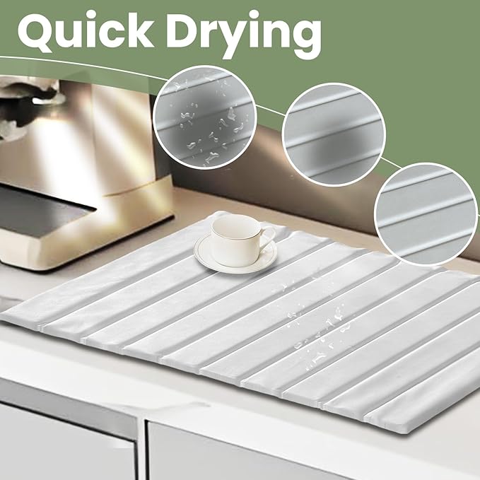 Removable Large Stone Drying Mat for Kitchen & Bathroom - 24x15 Inch | Foldable, Quick-Dry, Naturally Stain-Resistant Pad for Dishes, Cups, Cutting Boards (white, 24.4*15.8)