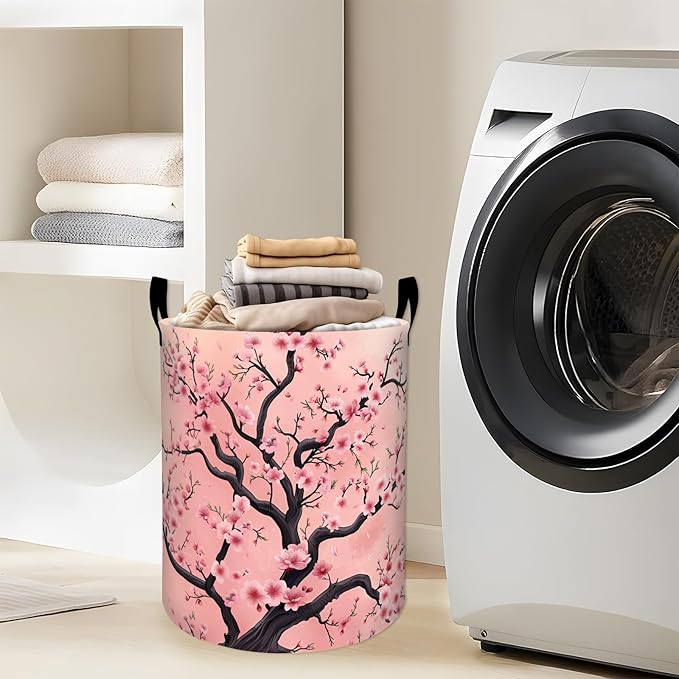 Elegant Cherry Blossom Pink Floral Laundry Basket with Handles, 19.7"x15.7" Clothes Foldable Laundry Hamper Organizer for Dorm Nursery Bedroom Bathroom Decor, Toy Storage Bin for Kids