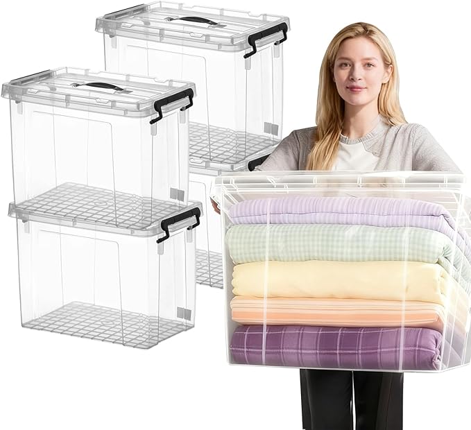 4 Pack Clear Storage Bins with Lids, 72 Qt-Stackable Plastic Organizer for Home, Office, Garage, BPA-Free, Heavy-Duty, See-Through Containers with Secure Latches & Handles