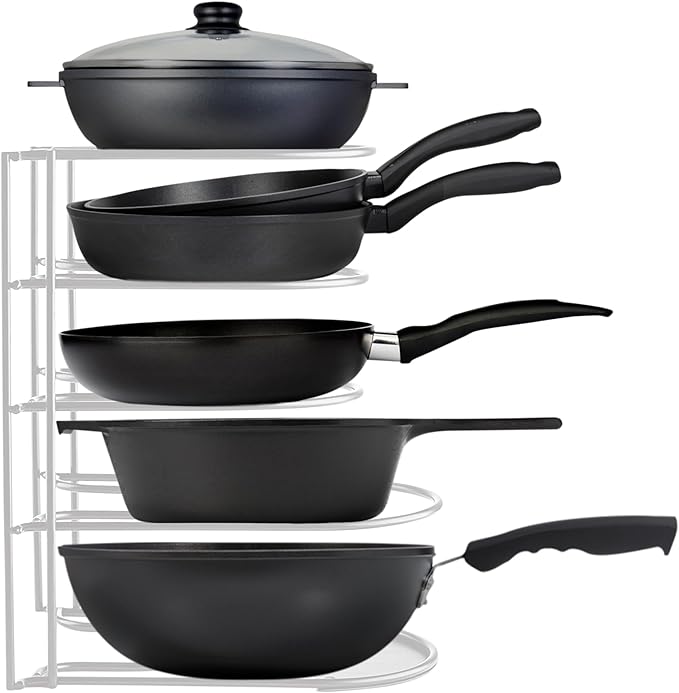 Extreme Matters Heavy-Duty Pots and Pans Organizer | 5-Tier Cookware & Lid Storage Rack | Free-Standing or Wall-Mount | Kitchen Organizer for Cast Iron Skillets, Pots, Frying Pans, Lids | White