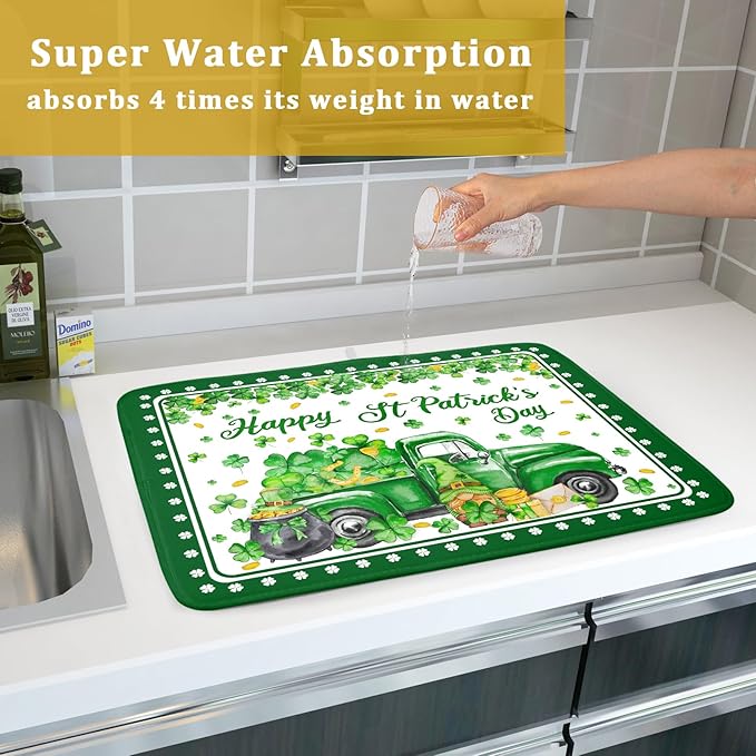 Shamrock Gnome Truck Dish Drying Mat Lucky Clover Dish Drainer Mat 18x24 inch Absorbent Fast Dry Pad for Kitchen Counter Coffee Bar Decor