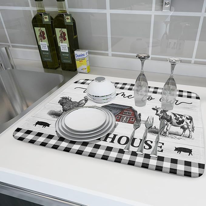 Farmhouse Barn Dish Drying Mat 18x24 Inch Cow Rooster Absorbent Microfiber Dish Drainer Rack Pad Bottles Protector for Kitchen Counter