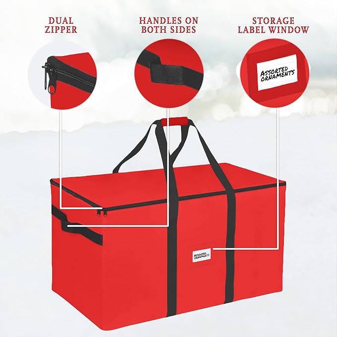 Christmas Ornament Storage Container,Box Stores Up to 128-3 inch ornaments, Adjustable Dividers, Large Organizer Bin to Protect and Store Holiday Décor - Red