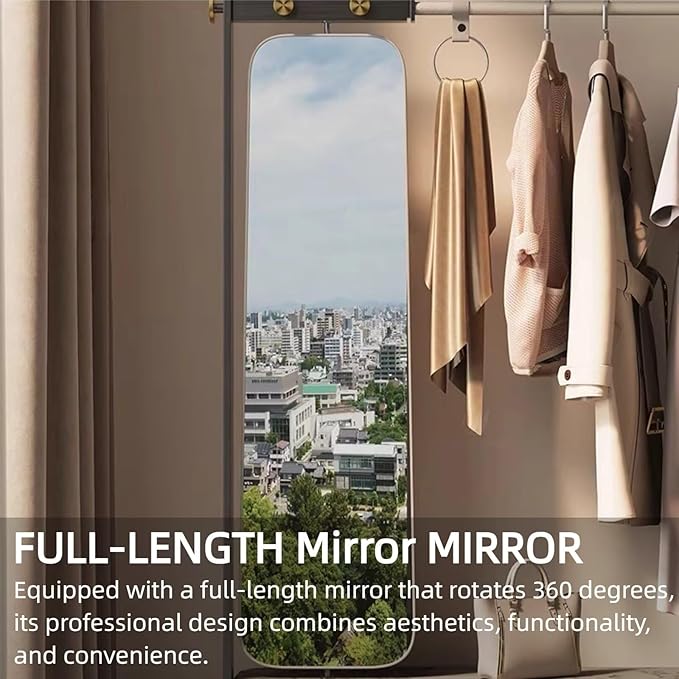 Free-Standing Clothes Rack 43IN (2 Drawers) (Metal Hanging Rod Hook) Full-Length Mirror, Beige Dress Up Closet Organizer