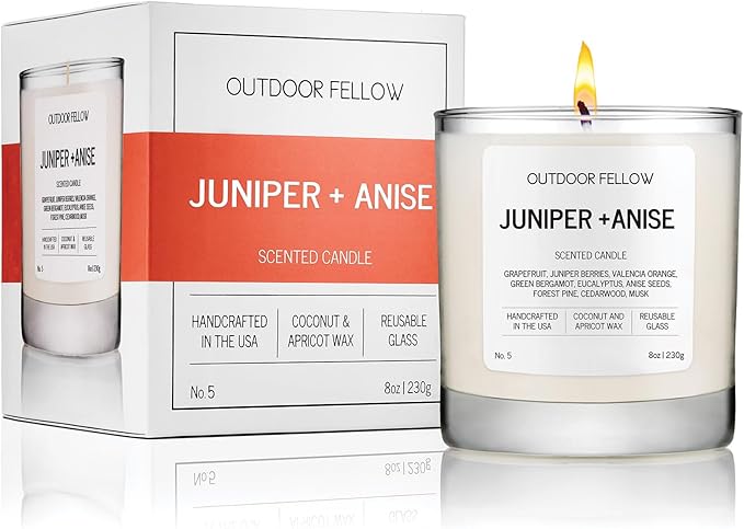 Outdoor Fellow Juniper + Anise Scented Candle, 8oz, Coconut & Apricot Wax Blend, Juniper Berry, Zesty Grapefruit, Citrus Peel, Reusable Glass, 40-50 Hour Burn Time