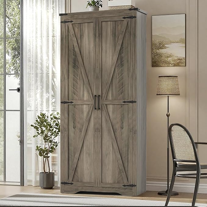 Farmhouse Rustic Grey Storage Cabinet with Adjustable Shelves, Large Pantry Organize with 2 Barn Doors, Tall Freestanding Cabinet for Kitchen, Bathroom, Garage, Living, Utility Room