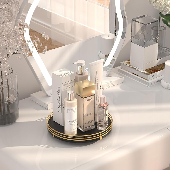 9" Oak Wood Bathroom Tray for Counter, Vanity Tray for Perfume Lotion Candle Makeup Jewelry Sink Soap Holder Turntable Dresser Organizer Countertop Coffee Table Decor Organization and Storage Gold