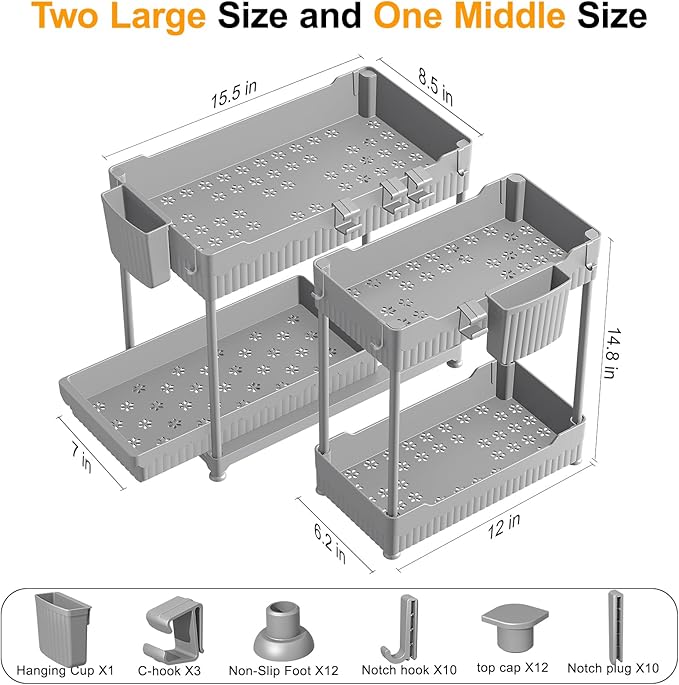 Sevenblue 3 Pack Under Sink Organizers, 2-Tier Multi-Use Kitchen and Bathroom Organizers and Storage with Sliding Drawers，Bathroom Cabinet Organizer (Gray, 14.8 Inch)