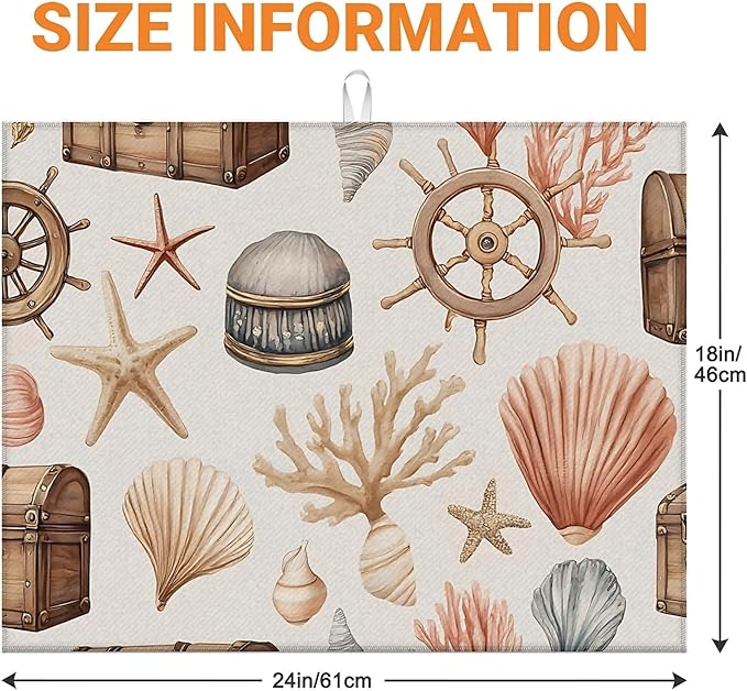 Dish Drying Mat For Kitchen Counter, Seashells Starfish Coastal Microfiber Absorbent Dish Drainer Rack Pad Reusable Large 18x24in Drying Mat