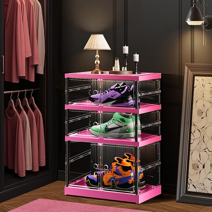 3-Tier Foldable Shoe Rack for Closet Entryway 3-6Pairs, Stackable Clear Shoe Storage Boxes Organizer with Door Plastic Small Shoe Cabinet Bins with Lids Shoes Shelf Easy Assembly（Black-Pink）