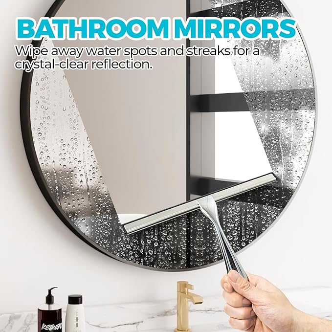 ALFLOD 2PACK All-Purpose Shower Squeegee for Shower Doors, Tile Shower Walls, Bathroom, Window, Glass and Car Windshield, Mirrors and Kitchen-Stainless Steel, 9.8-Inch, Silver