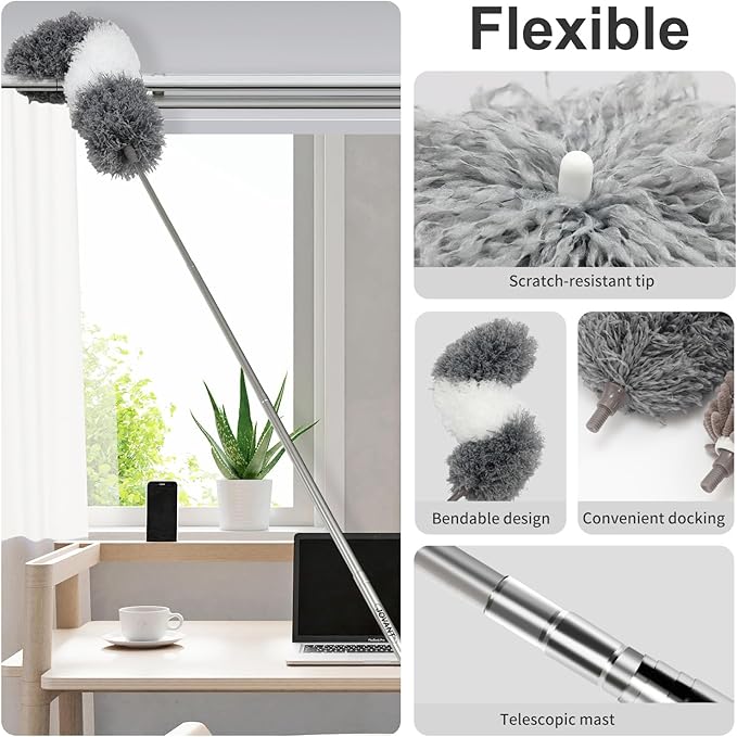 Telescopic Duster Long Extendable Up to 2.50M and Washable,Duster Telescopic Washable 7 Pieces for High Ceilings Ceiling Fan and Chandelier,Dust Mop with Blinds Cleaning Brush-JOVANT (HTJ001)