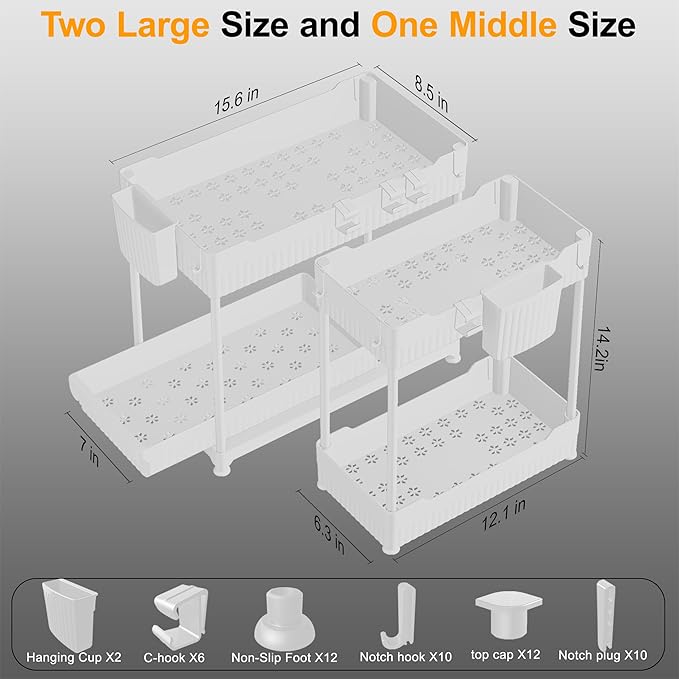 Sevenblue 3 Pack Under Sink Organizers, 2-Tier Multi-Use Kitchen and Bathroom Organizers and Storage with Sliding Drawers，Bathroom Cabinet Organizer (White, 12.8 Inch)