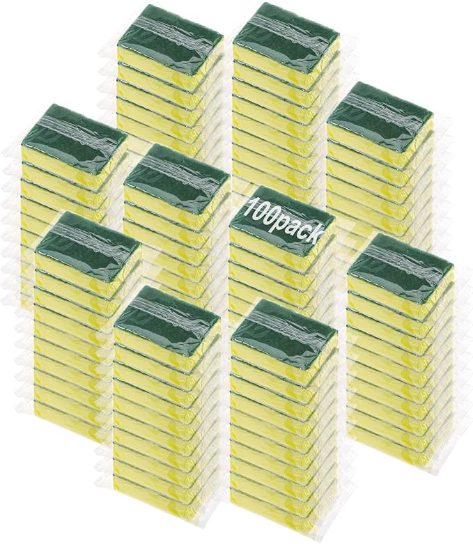 Ovveroche 100 Pcs Individually Wrapped Sponges, Uncompressed Non Scratch Scrouing Sponges for Household Cleaning Dishes Kitchen Airbnb Apartment Car Bike Green