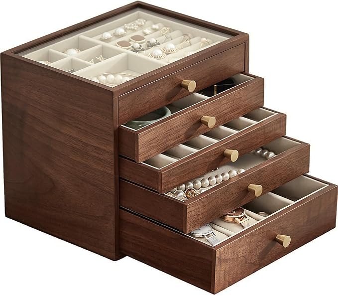 Homruilink Black Walnut Wooden Jewelry Box Women large 5 Layer Drawer Wood Organizer Box with Glass Lid for Necklaces, Watch, Necklace, Ring, Earring Storage - Valentine's Day Gifts