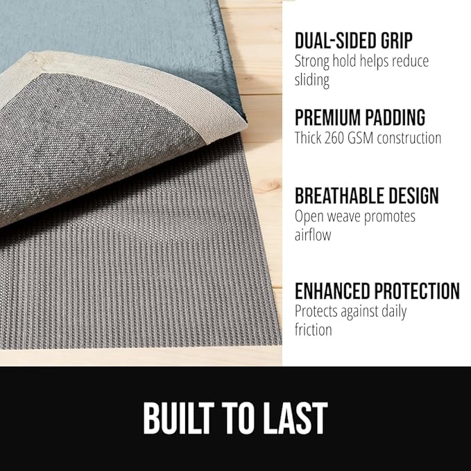 GORILLA GRIP Premium Dual Sided Extra Thick 6x9 Rug Gripper Pad for Hardwood Floors, Breathable Slip Resistant Pad Grips Under Carpet Area Rugs for Hard Surface Floor Protection, Easy Trim Mats, Gray