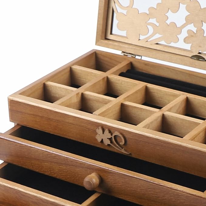 6-layer Jewelry Box Organizer, Lucky Four Leaf Clover Rustic Wooden Jewelry Boxes & Organizers,Jewelry Storage for Rings Earrings Necklaces Bracelets Christmas New Year Gift