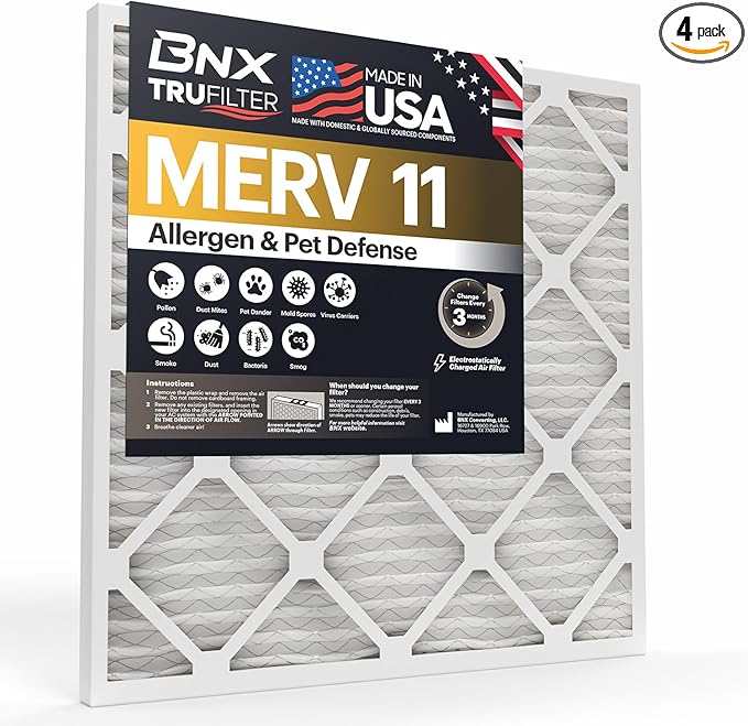 BNX TruFilter 16x30x1 Air Filter MERV 11 (4-Pack) - MADE IN USA - Allergen Defense Electrostatic Pleated Air Conditioner HVAC AC Furnace Filters for Allergies, Dust, Pet, Smoke, Allergy MPR 1200 FPR 7