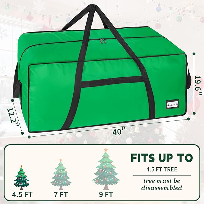 4.5 ft Christmas Tree Storage Bag, Heavy Duty Christmas Tree Bag with Reinforced Handles and Dual Zippers Wide Opening, Large Capacity fits for Artificial Christmas Tree (Green, 4.5 ft)
